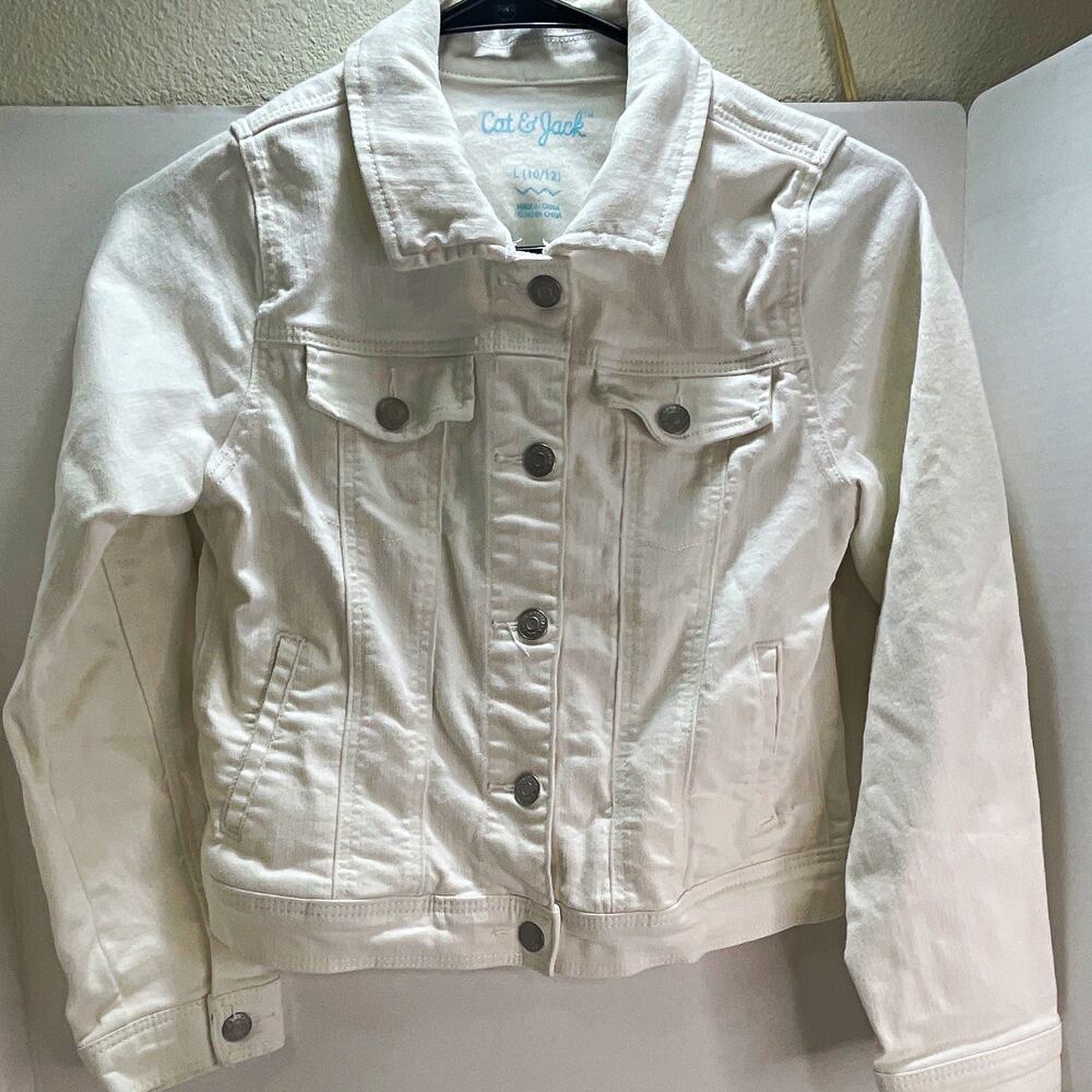 Cat & Jack Girls White Denim Jacket Cotton Blend Button Pockets Size 10-12